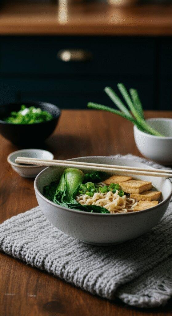 A cozy home setting featuring a bowl of vegan ramen noodles with vegetables and tofu, served on a wooden table with warm lighting and decorative elements for a comforting meal atmosphere.