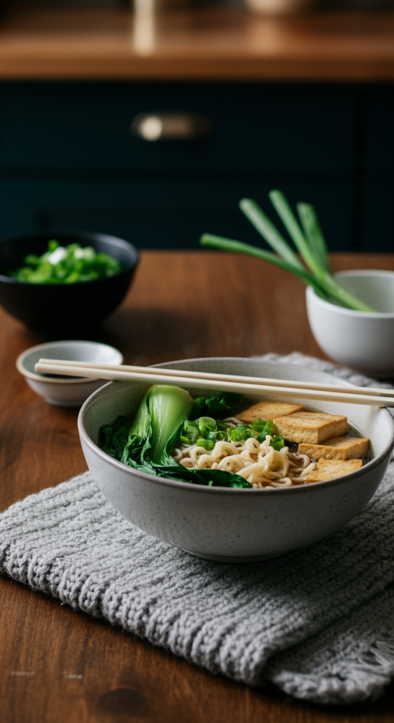 A cozy home setting featuring a bowl of vegan ramen noodles with vegetables and tofu, served on a wooden table with warm lighting and decorative elements for a comforting meal atmosphere.