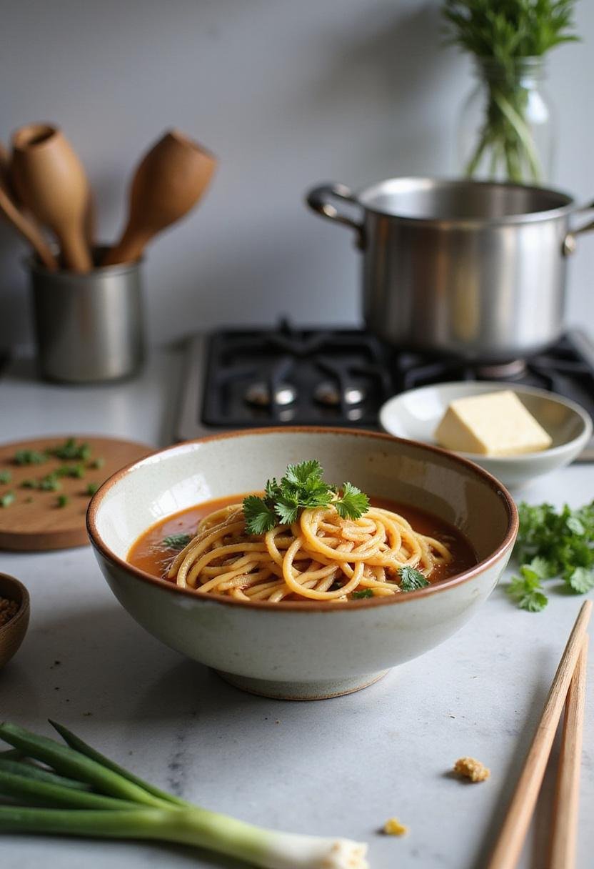 A kitchen scene showing a bowl of vegan ramen noodles with vegetables and tofu on a countertop, with kitchen tools and fresh ingredients around, illustrating a fresh homemade meal preparation.
