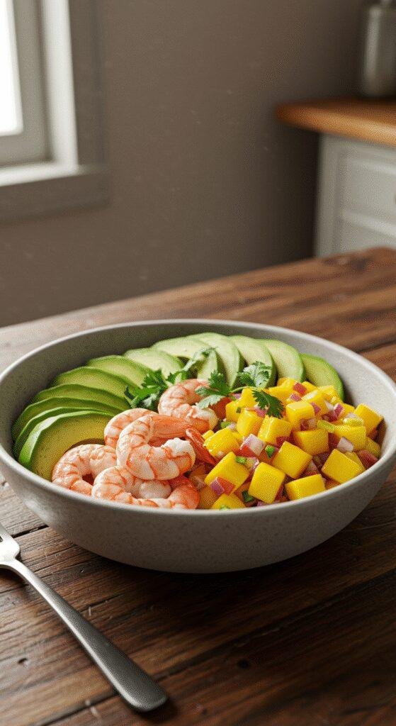 A colorful Zesty Shrimp & Avocado Bowl with Mango Salsa, presented on a wooden table in a cozy home setting, showcasing fresh shrimp, avocado slices, mango salsa, and herbs in a vibrant and appetizing presentation.