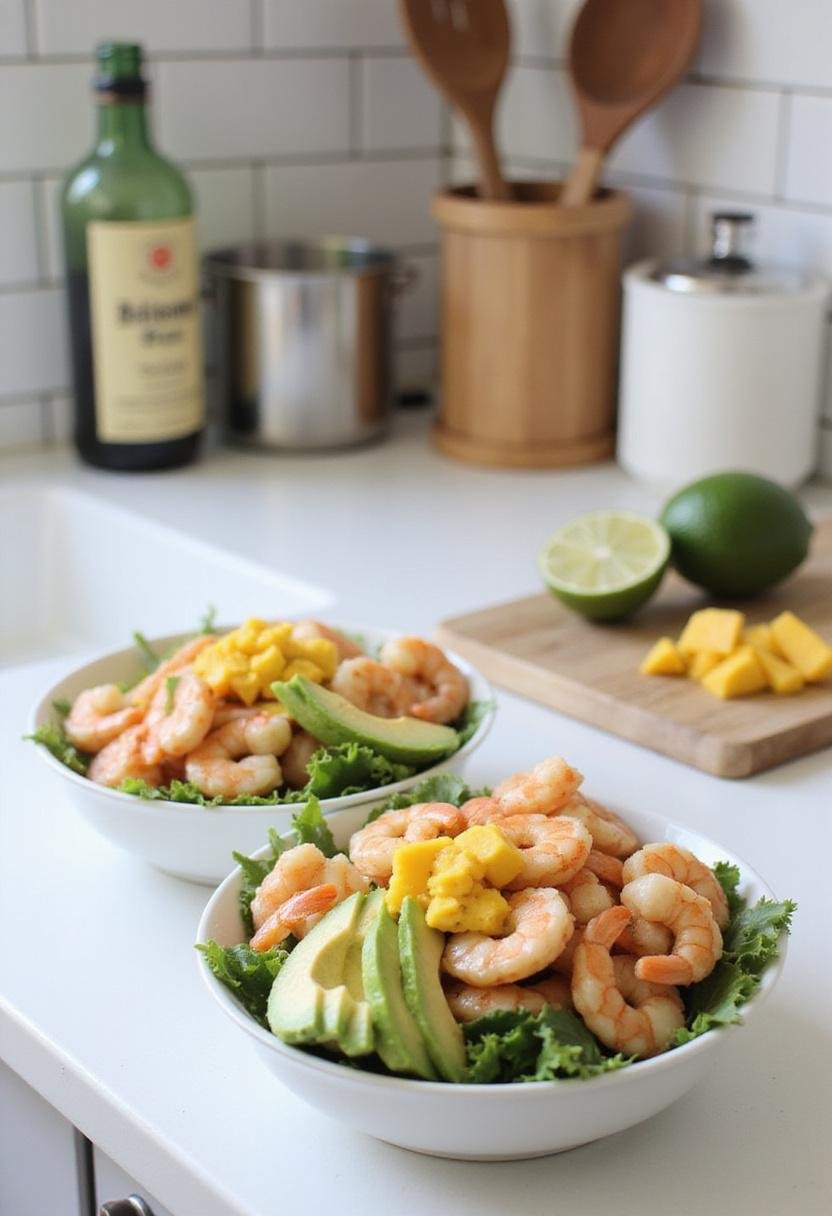A vibrant Zesty Shrimp & Avocado Bowl with Mango Salsa displayed on a kitchen countertop, showing fresh shrimp, avocado, and mango salsa in a bright and inviting kitchen environment.