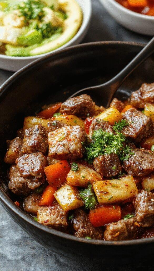 Colorful beef stir fry with vibrant vegetables served in a wok, showcasing tender beef strips, bell peppers, broccoli, and carrots in a savory sauce.
