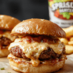 Juicy cheeseburgers with crispy bacon, melted cheese, and fresh toppings served on a rustic wooden platter.