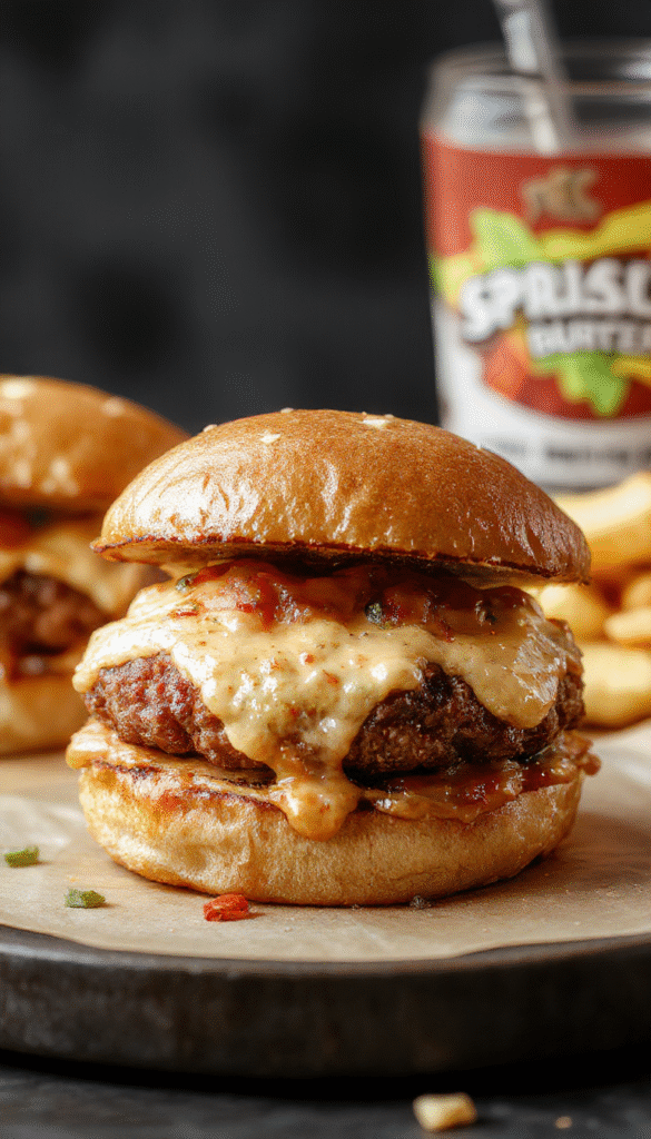 Juicy cheeseburgers with crispy bacon, melted cheese, and fresh toppings served on a rustic wooden platter.