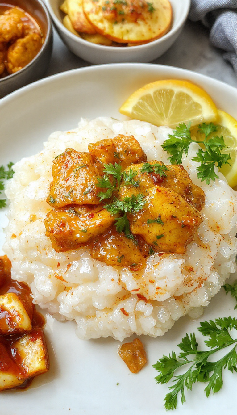 A plate of rich and creamy Indian Butter Chicken garnished with fresh coriander, served with naan and steamed rice