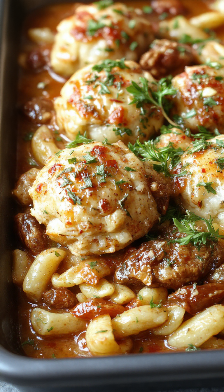 Golden baked rosemary chicken meatballs served over vibrant tomato orzo with fresh herbs.