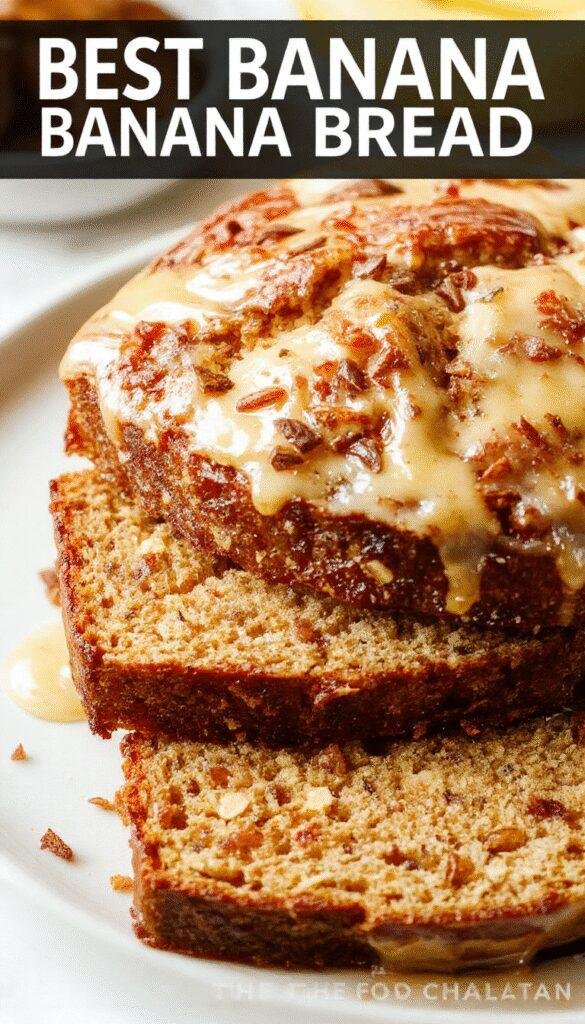 A freshly baked loaf of moist banana bread with a golden crust, sliced to reveal its soft and tender interior, placed on a rustic wooden table.