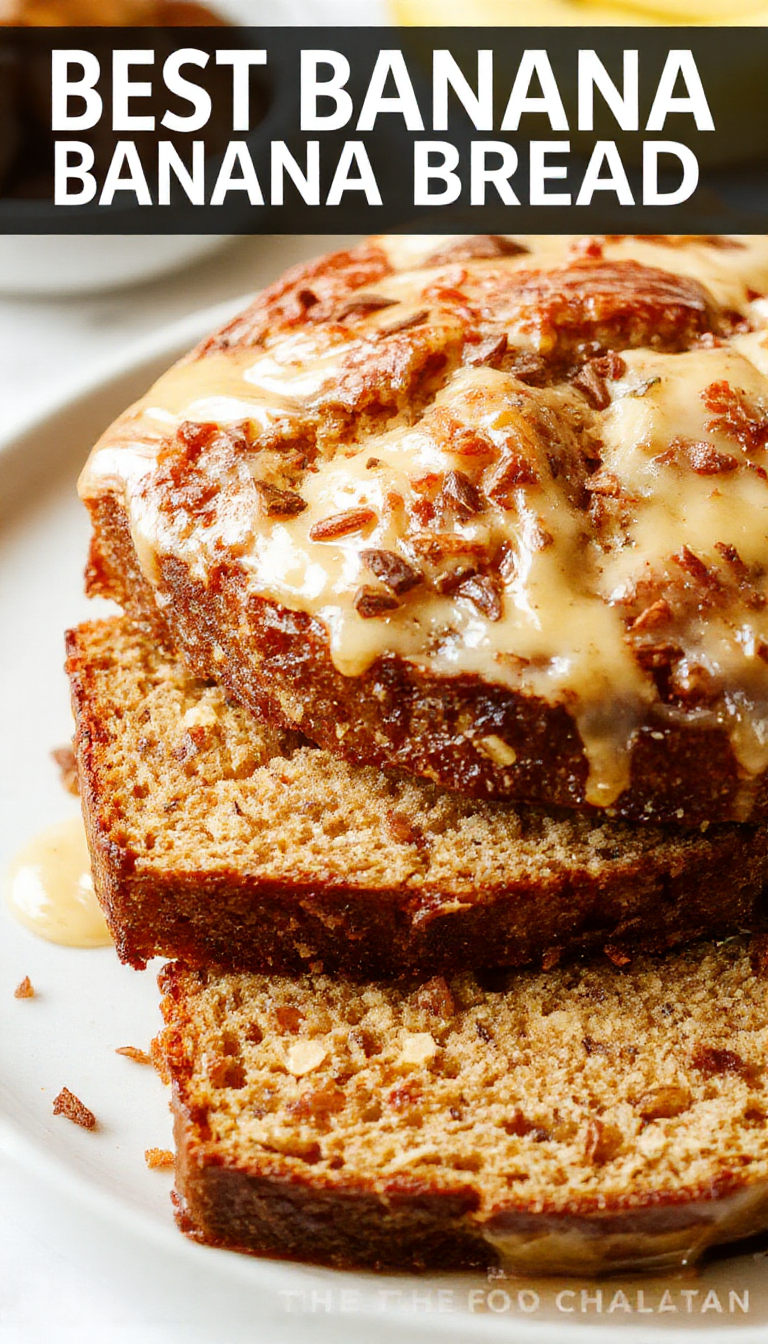 A freshly baked loaf of moist banana bread with a golden crust, sliced to reveal its soft and tender interior, placed on a rustic wooden table.
