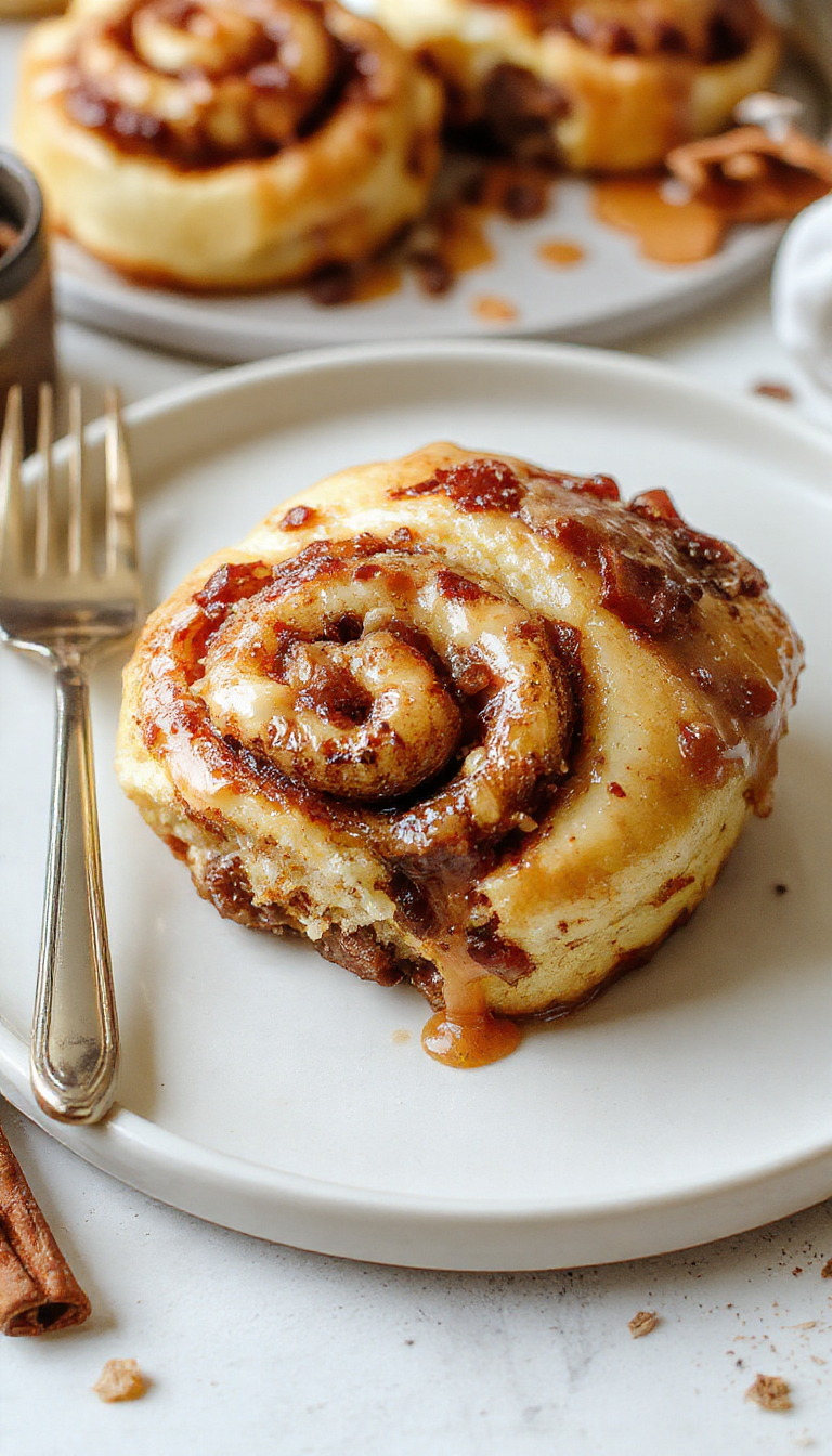 A plate of Boozy Bourbon Maple Bacon Cinnamon Rolls topped with icing, surrounded by bourbon glass and crispy bacon strips, showcasing a decadent sweet and savory breakfast.