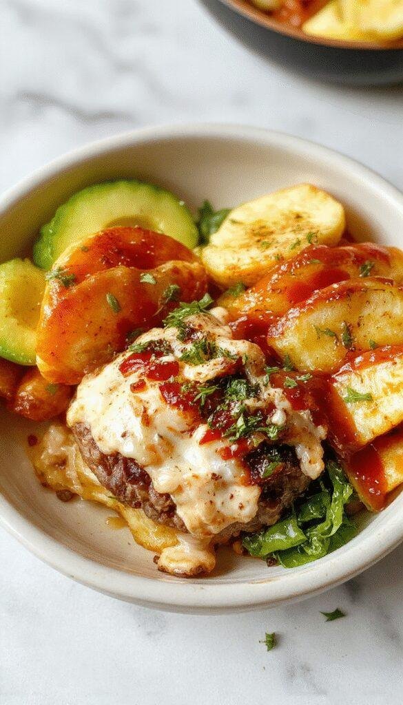 A colorful burger bowl featuring a bed of fresh greens topped with grilled beef patties, cherry tomatoes, cheese, and crunchy toppings in a bowl.