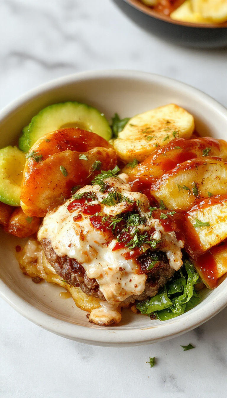 A colorful burger bowl featuring a bed of fresh greens topped with grilled beef patties, cherry tomatoes, cheese, and crunchy toppings in a bowl.