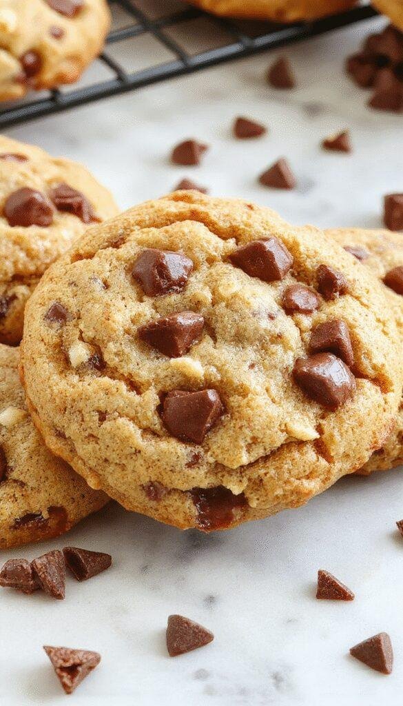 A batch of freshly baked chocolate chip banana cookies on a rustic wooden table, showcasing golden-brown cookies with chocolate chips and banana slices.