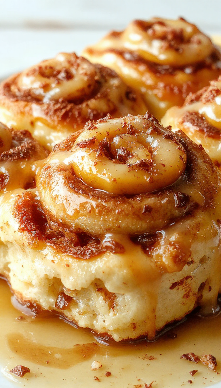 A warm batch of Chasety's 55-Minute Peach Cobbler Cinnamon Rolls showing gooey peaches and swirled cinnamon rolls topped with icing