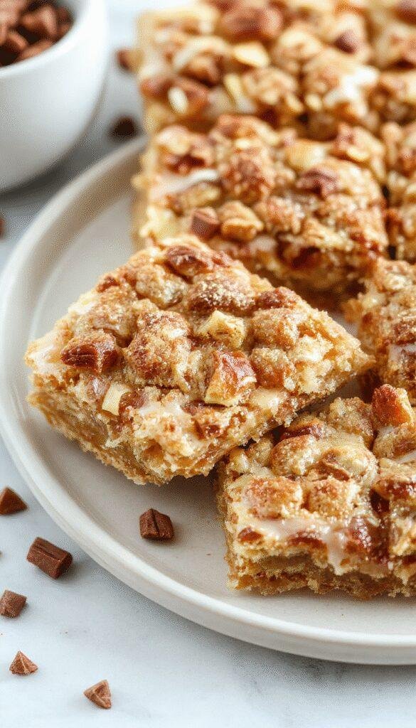 A plate of Chasety's Apple Crisp Shortbread Bars showcasing golden-brown crust, caramelized apple filling, and a crispy topping, perfect for fall dessert.