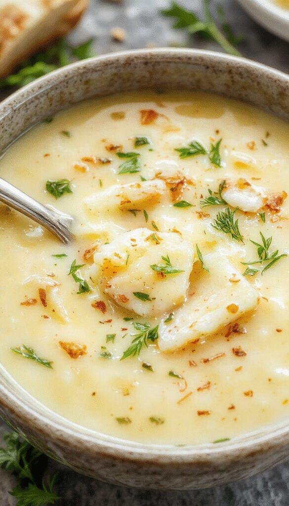A bowl of Cheddar Garlic Herb Potato Soup topped with fresh herbs and melted cheddar, surrounded by rustic bread slices.