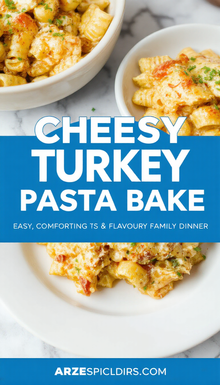 A cheesy ground turkey pasta bake in a baking dish, topped with melted cheese, garnished with fresh herbs, and served hot on a family dinner table.