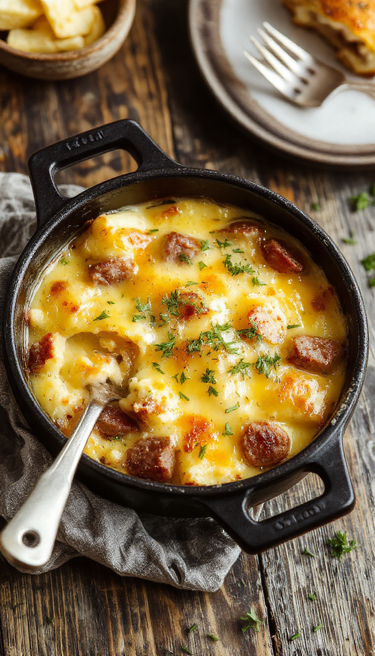 A delicious Cheesy Ranch Potato & Smoked Sausage Bake served in a casserole dish, garnished with fresh herbs and melted cheese, perfect for family dinner.