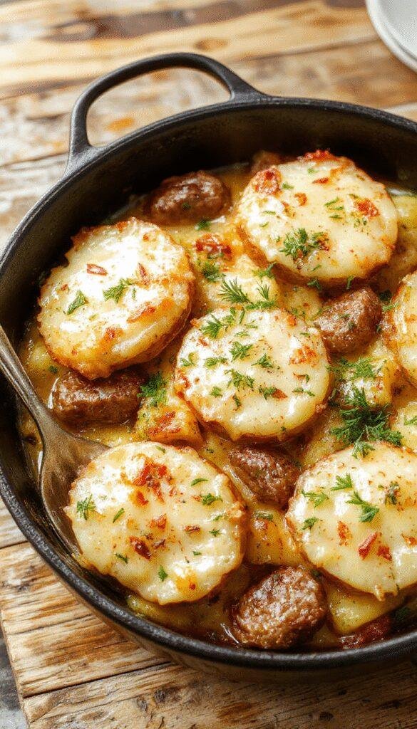 A hearty Cheesy Ranch Sausage and Potato Bake on a rustic plate, topped with melted cheese, fresh herbs, and crispy sausage slices