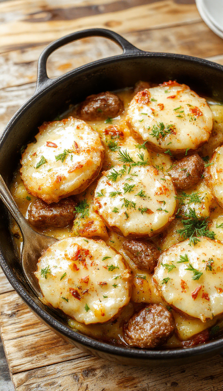 A hearty Cheesy Ranch Sausage and Potato Bake on a rustic plate, topped with melted cheese, fresh herbs, and crispy sausage slices
