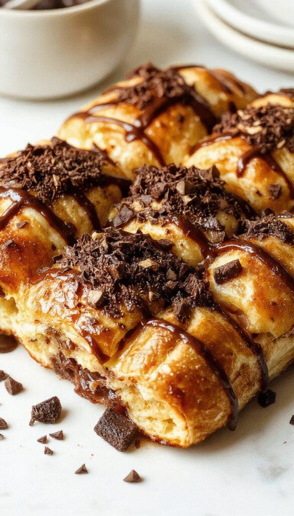 A delicious Chocolate Croissant Breakfast Bake topped with powdered sugar and fresh berries on a rustic plate.