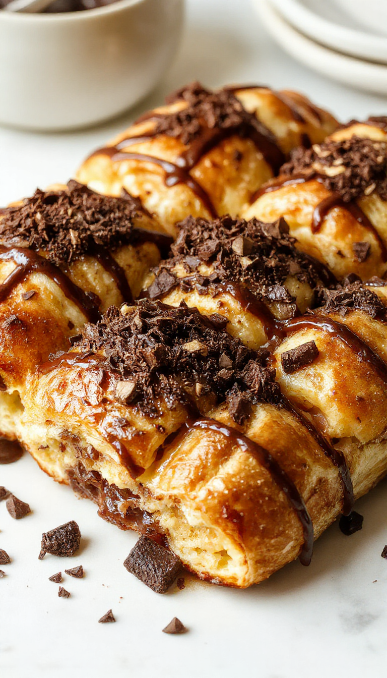 A delicious Chocolate Croissant Breakfast Bake topped with powdered sugar and fresh berries on a rustic plate.