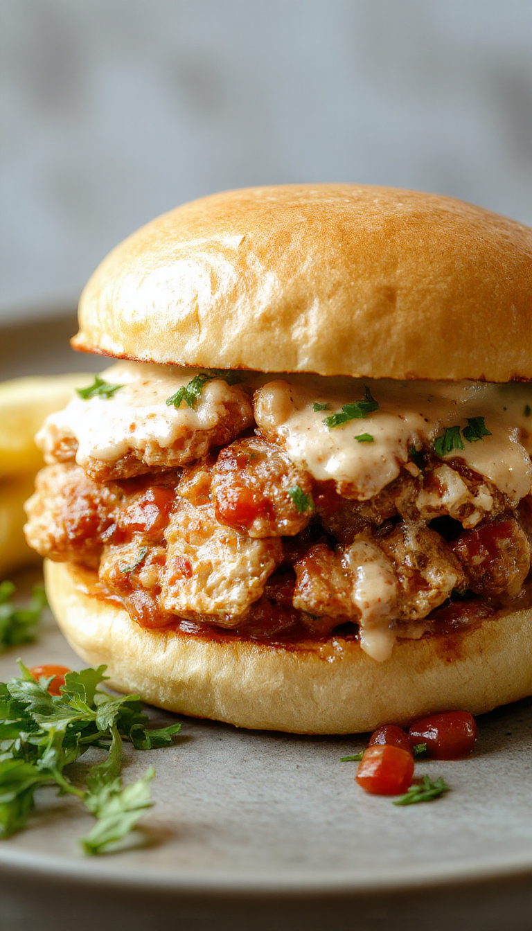 A plate of Creamy Chicken Alfredo Sloppy Joes served on toasted buns with a side of fresh salad, garnished with parsley.