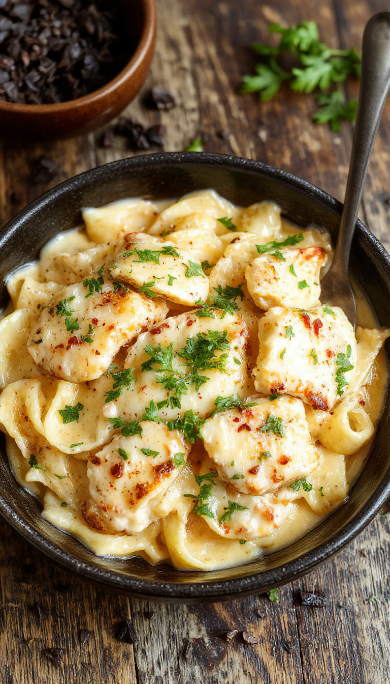 A plate of creamy cowboy butter chicken linguine garnished with herbs and served with a side of fresh vegetables