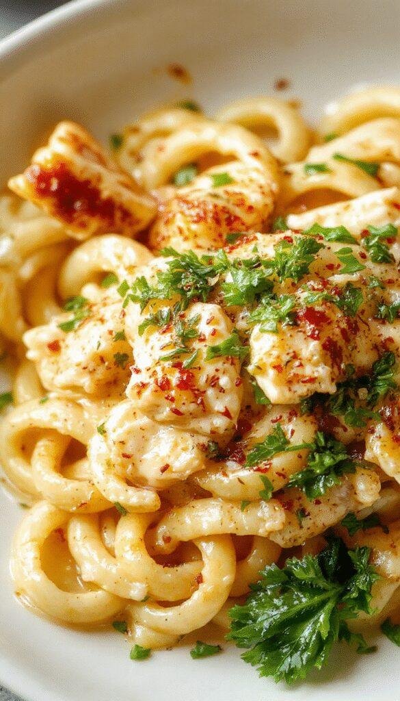 A plate of creamy cowboy butter chicken linguine garnished with herbs and served with a side of fresh vegetables, showcasing a rich, zesty pasta dish.