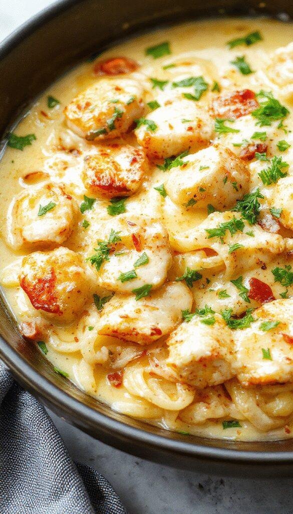 A plate of creamy cowboy butter chicken linguine garnished with fresh herbs, served on a rustic wooden table.