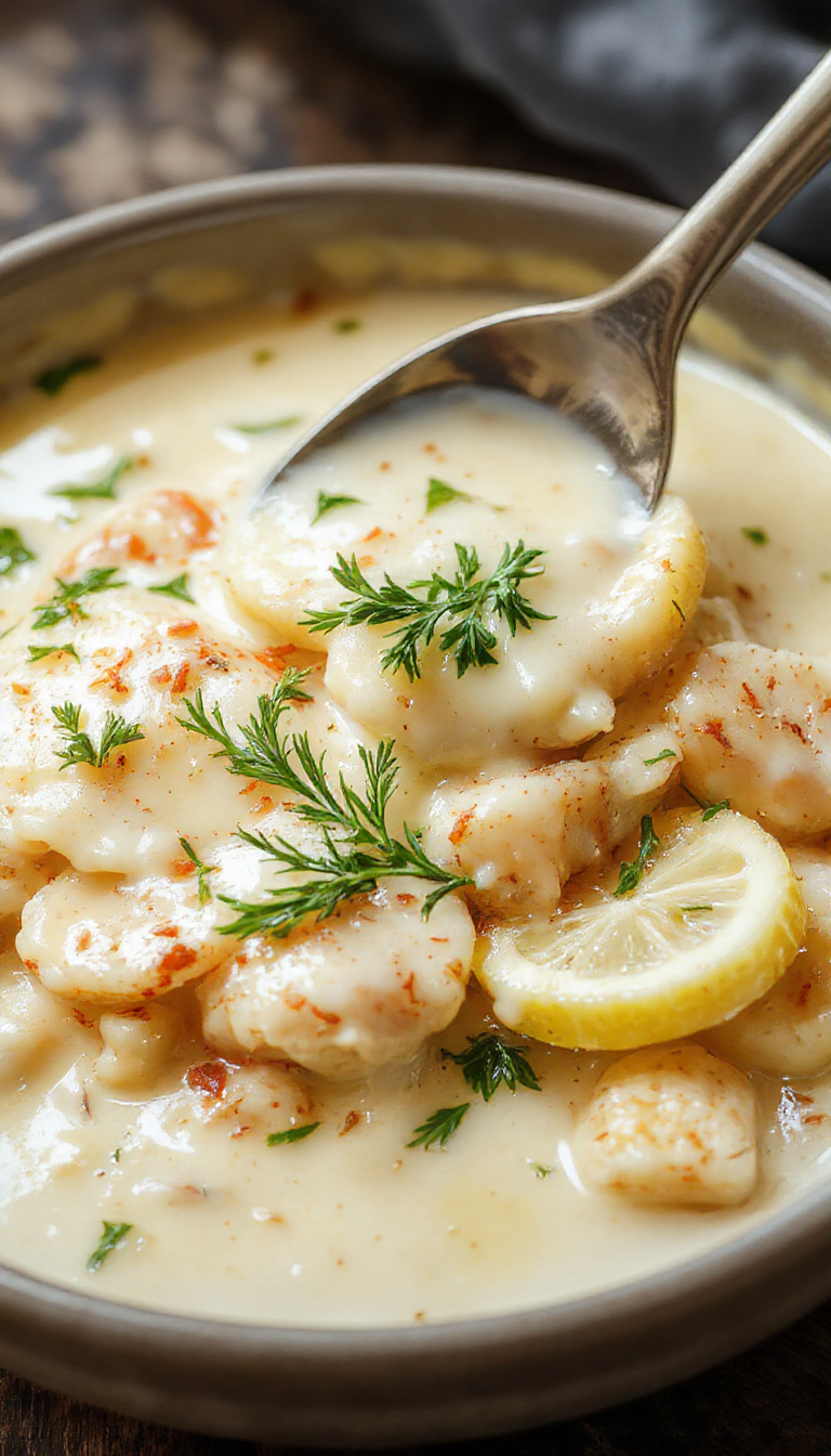 A bowl of creamy lemon Alfredo sauce with a smooth texture, garnished with fresh herbs and served alongside pasta.