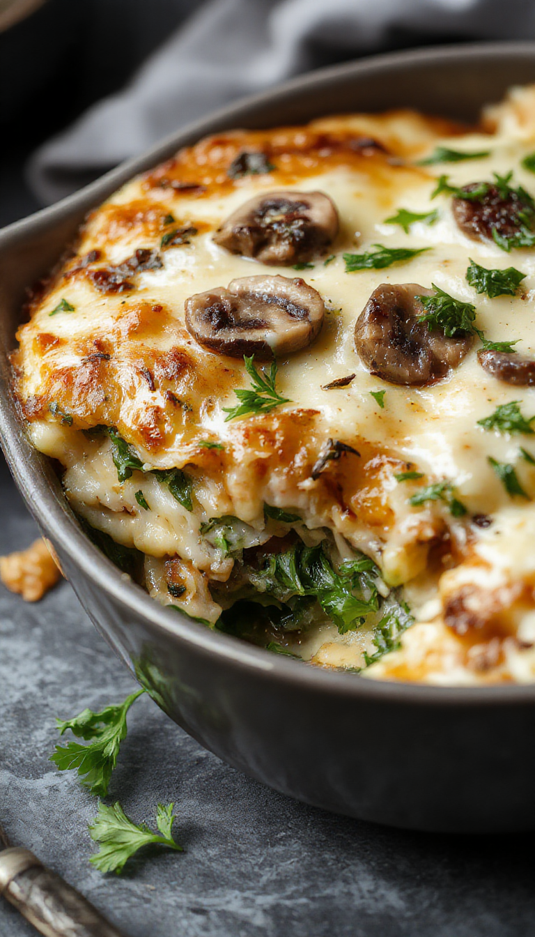 A delicious plate of creamy mushroom and spinach lasagna featuring layers of melted cheese, fresh spinach, and savory mushrooms served on a rustic wooden table.