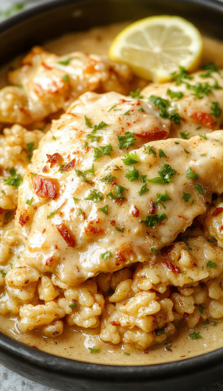 A plate of Creamy Smothered Chicken & Rice featuring tender chicken, creamy gravy, and fluffy rice garnished with herbs.