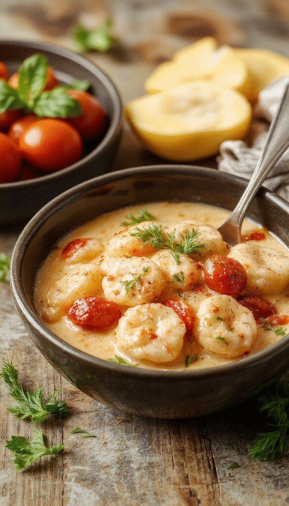A bowl of creamy tomato tortellini garnished with basil, served with a sprinkle of Parmesan cheese on a rustic wooden table.