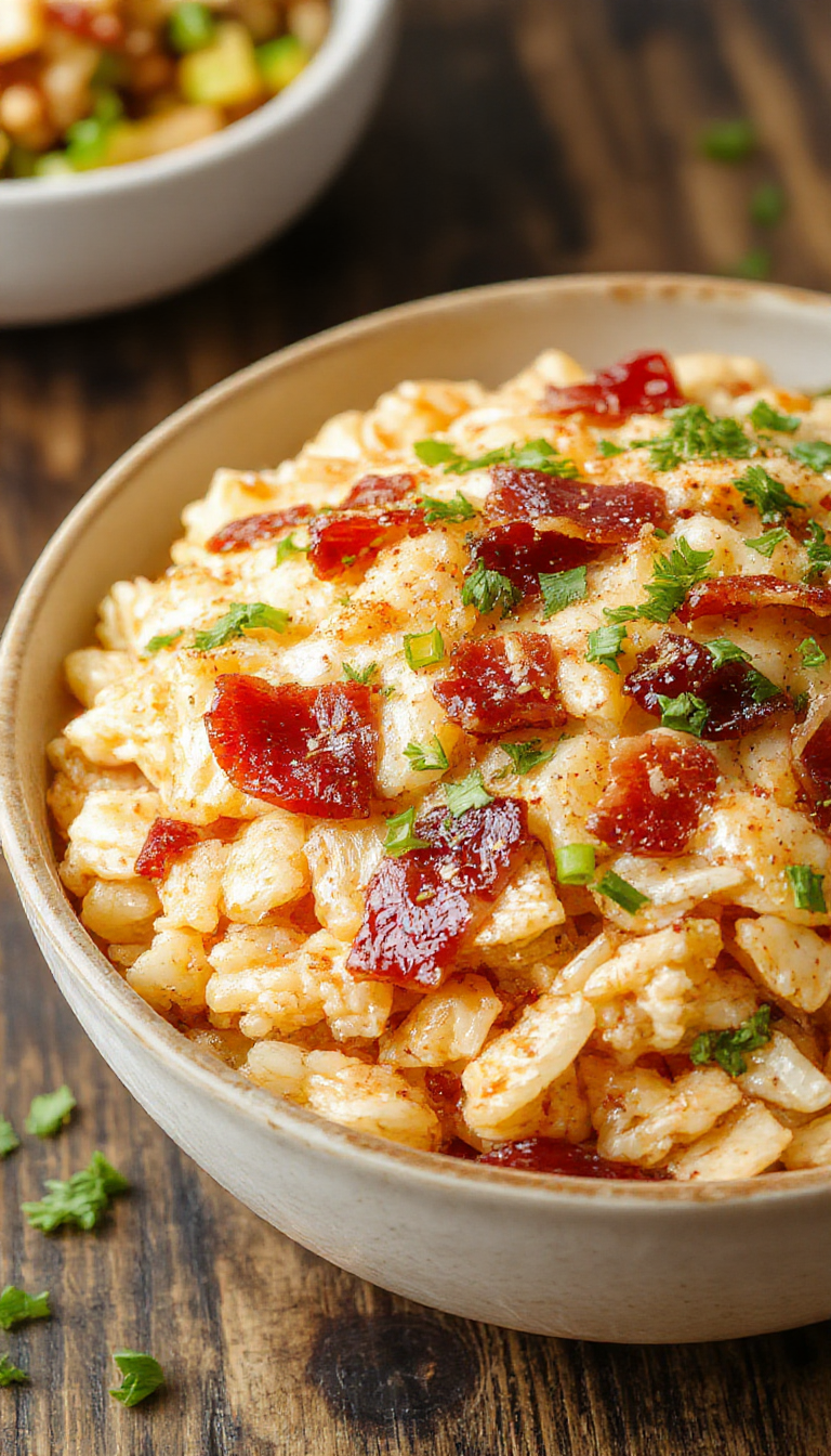 A plate of crispy bacon fried rice topped with green onions and sesame seeds, featuring golden-brown rice and crispy bacon pieces.