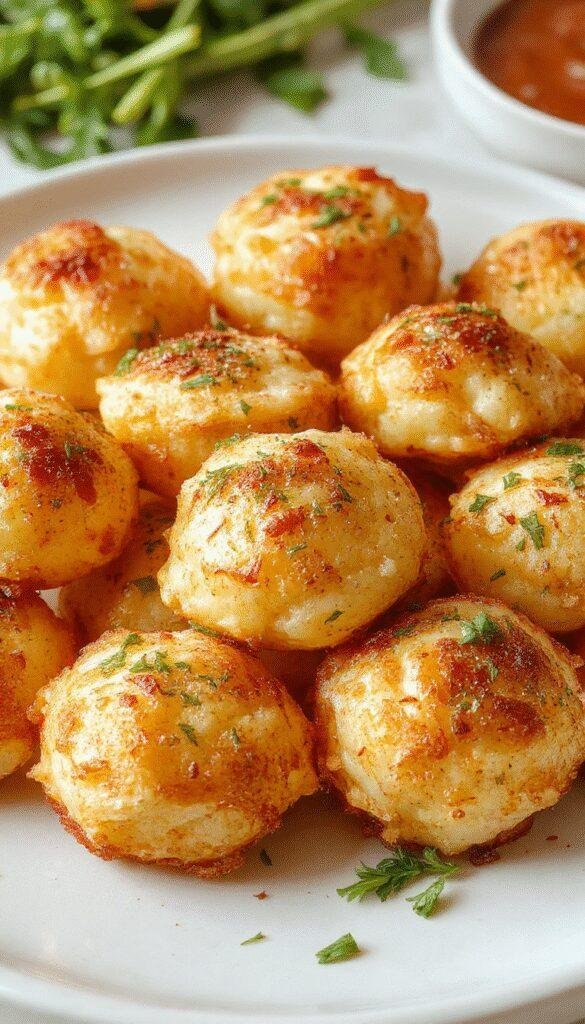 Golden crispy cheesy mashed potato puffs served on a rustic plate, garnished with fresh herbs