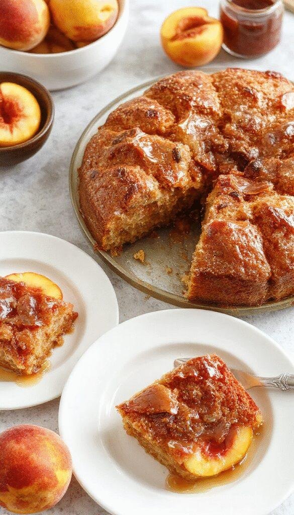 A slice of Delightful Brown Sugar Peach Cake showcasing layers of moist cake topped with fresh peach slices and a brown sugar glaze.