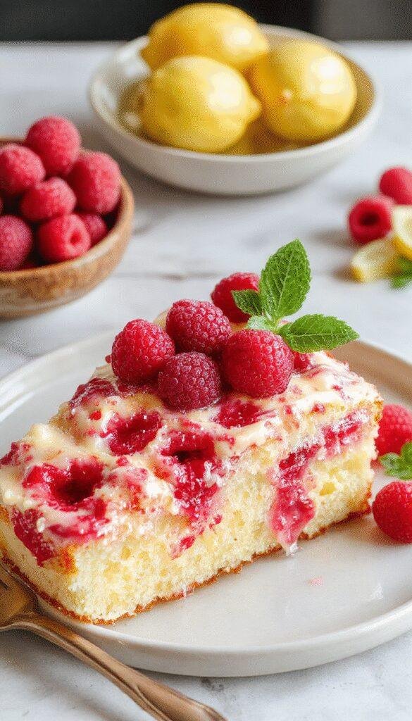 A slice of Delightful Lemon Raspberry Cake showcasing layers of lemon-flavored sponge, fresh raspberries, and creamy frosting topped with lemon zest and raspberry garnishes.