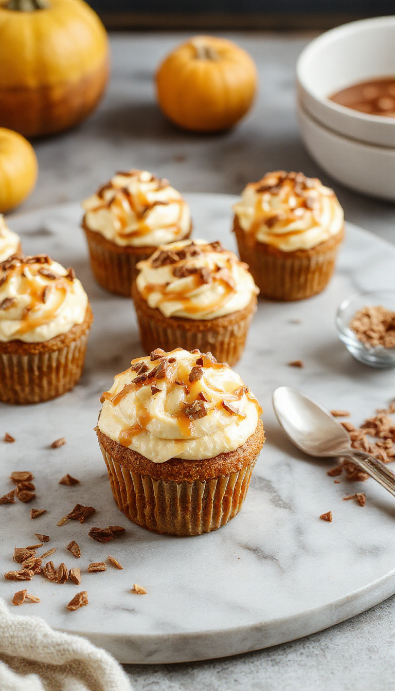 Delightful pumpkin cupcakes topped with swirls of luscious caramel cream cheese frosting, garnished with cinnamon and caramel drizzle.