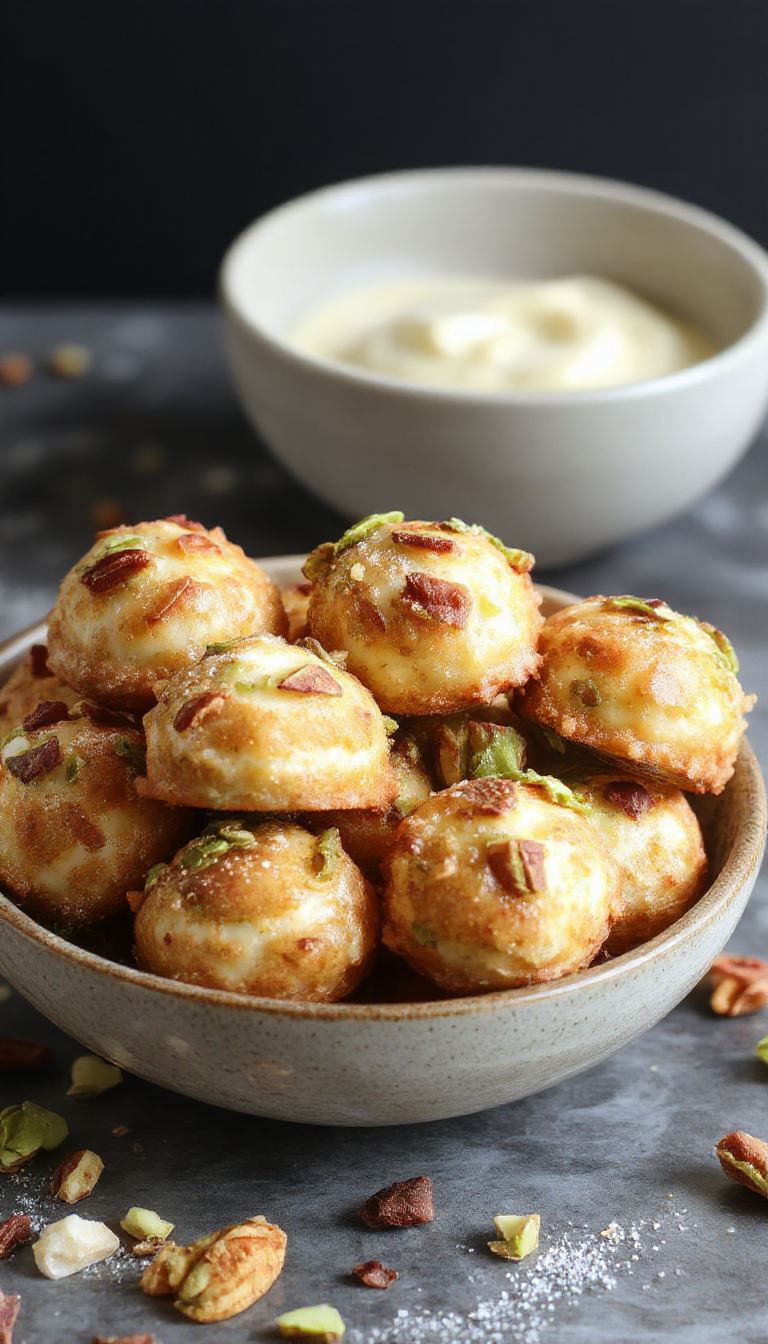 A close-up of Delicious Ricotta Pistachio Honey Bites arranged on a white plate, showcasing their creamy texture and crunchy pistachio topping.