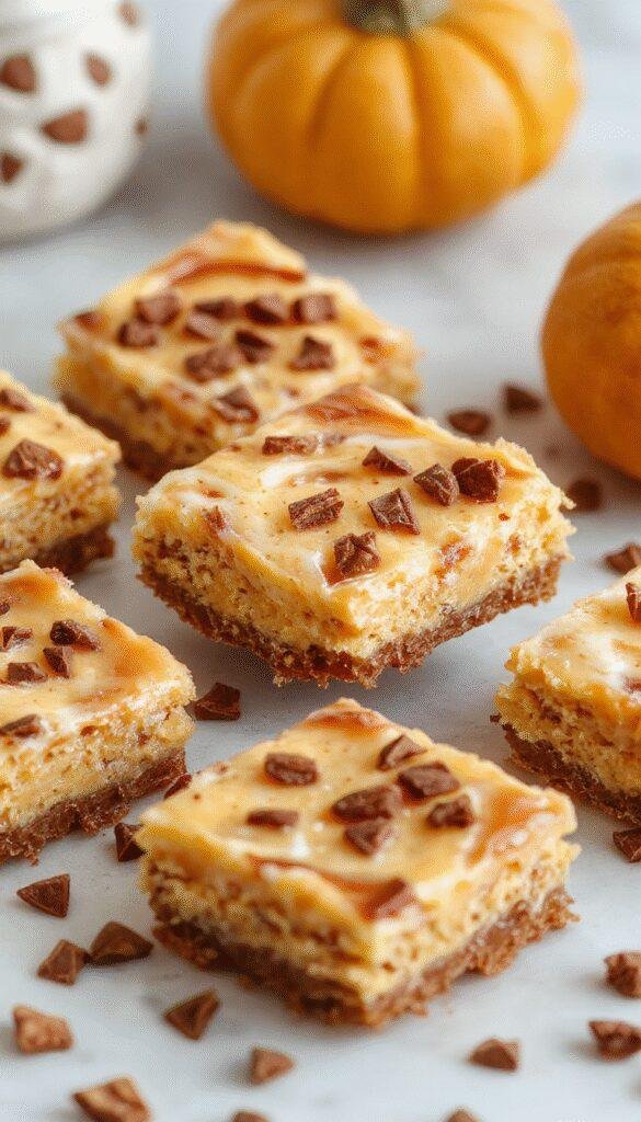 A slice of vegan pumpkin cheesecake bar with a Lotus Biscoff crust topped with whipped coconut cream and pumpkin seeds.