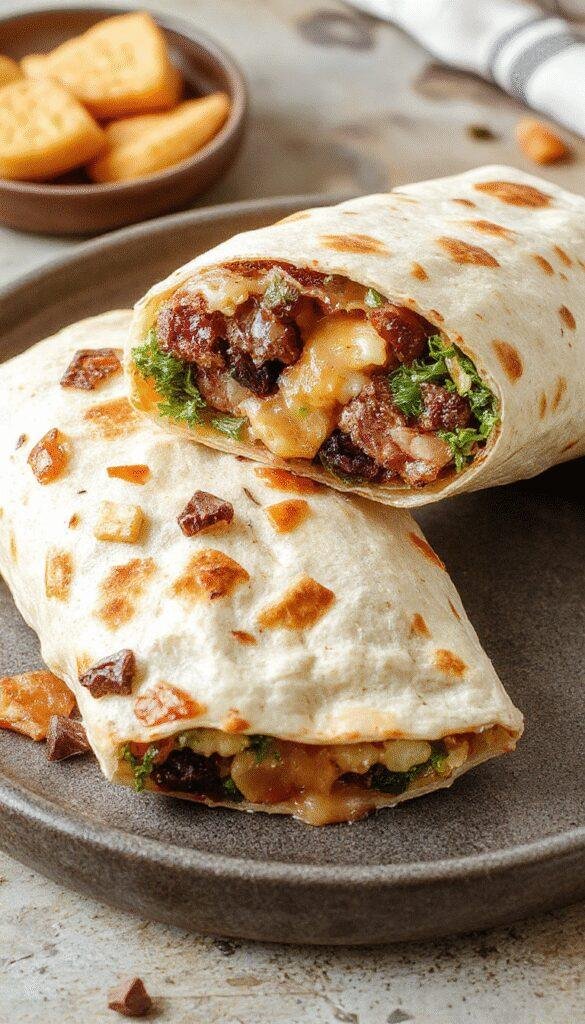 A close-up of a Dunkin Wake Up Wrap filled with scrambled eggs, cheese, and sausage in a toasted tortilla.