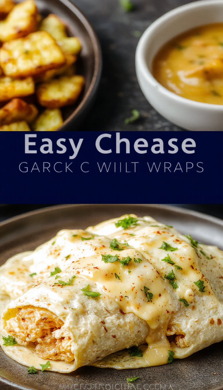 Plate of Easy Cheesy Chicken Garlic Wraps garnished with herbs, showcasing crispy golden wraps filled with melted cheese and seasoned chicken.