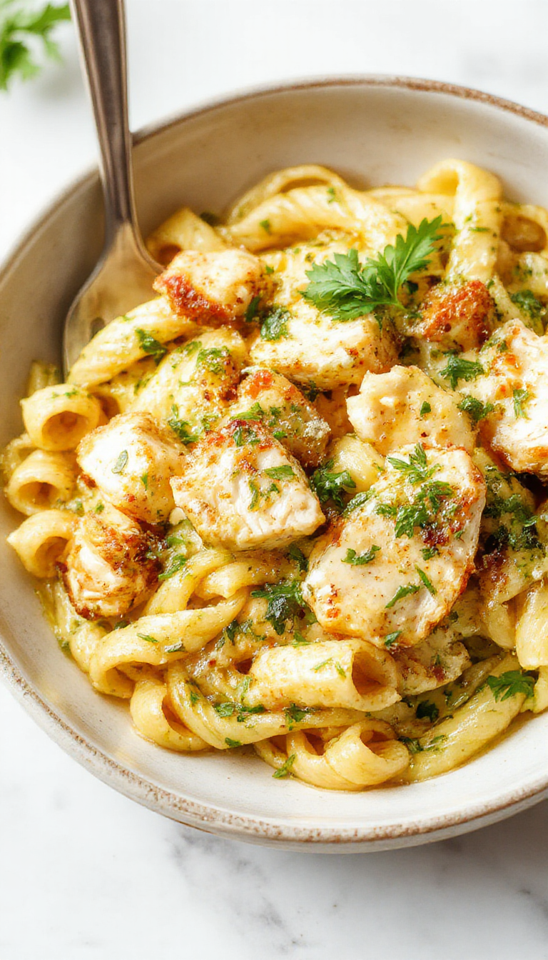 A bowl of creamy chicken pesto pasta garnished with fresh basil and grated Parmesan, steaming with a rich and flavorful sauce.