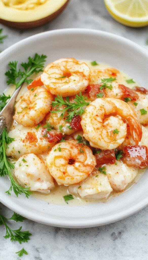 A plate of creamy garlic shrimp garnished with fresh herbs, served with lemon wedges on a white dish