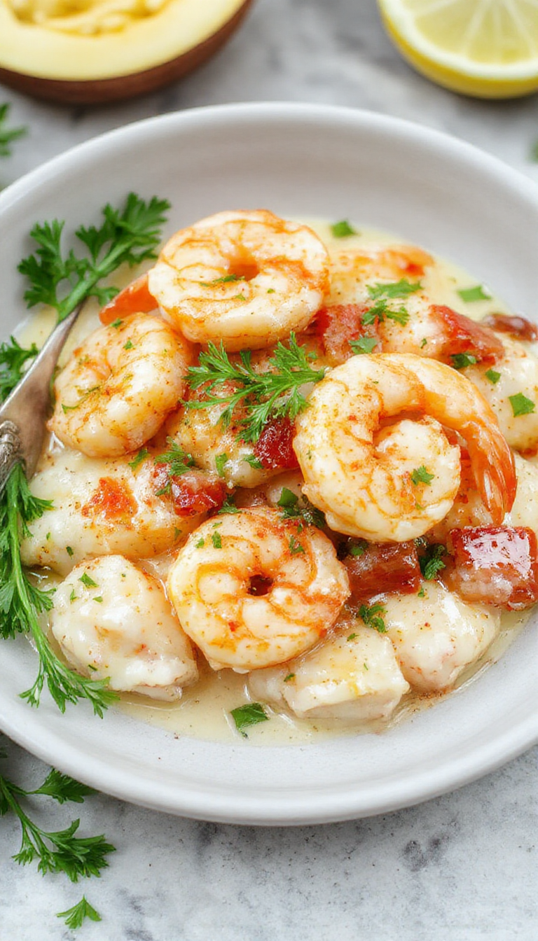 A plate of creamy garlic shrimp garnished with fresh herbs, served with lemon wedges on a white dish