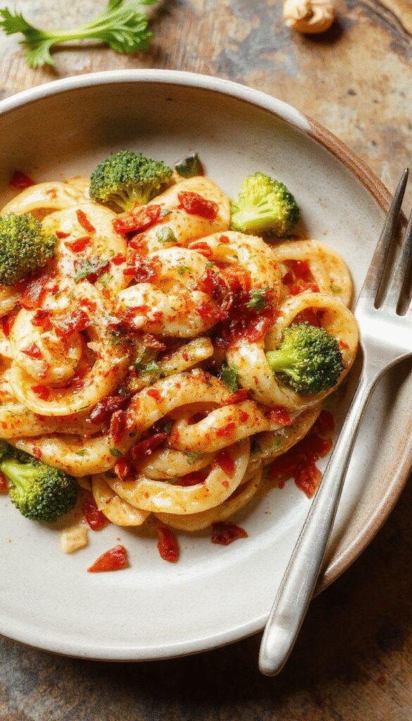 A plate of easy healthy broccoli pasta garnished with fresh herbs, showcasing vibrant green broccoli and perfectly cooked pasta on a white dish.