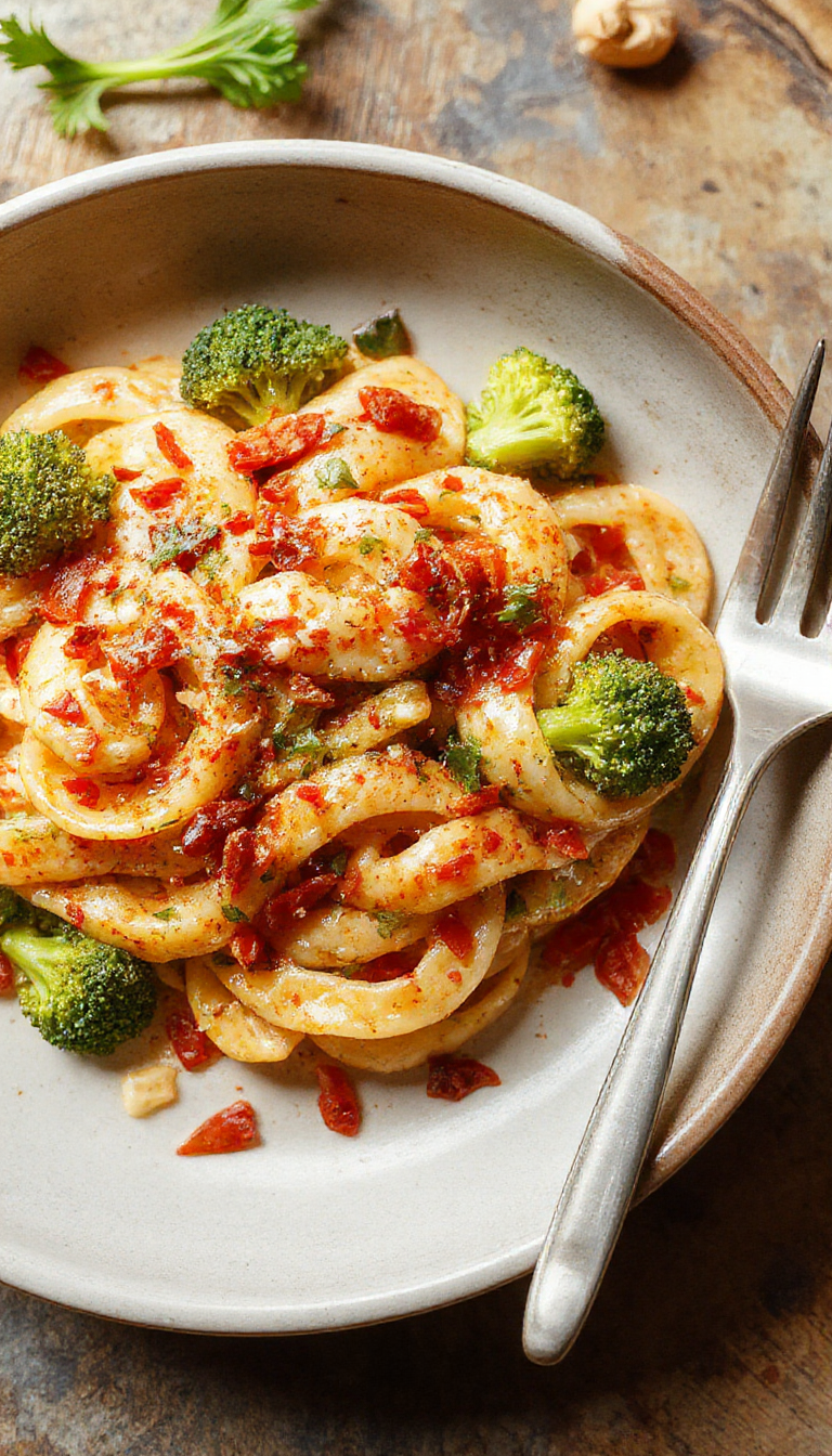 A plate of easy healthy broccoli pasta garnished with fresh herbs, showcasing vibrant green broccoli and perfectly cooked pasta on a white dish.