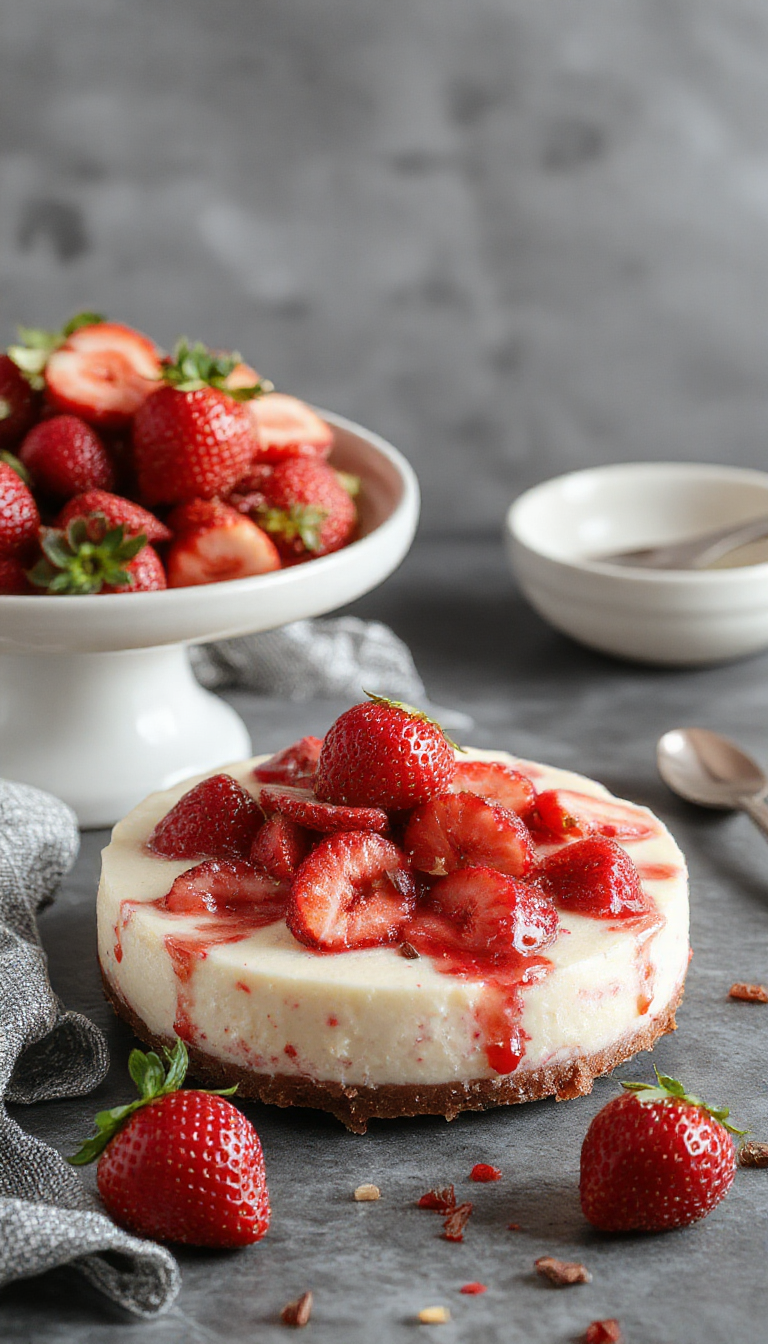 A delicious slice of homemade strawberry cheesecake with a graham cracker crust topped with fresh strawberries and whipped cream.