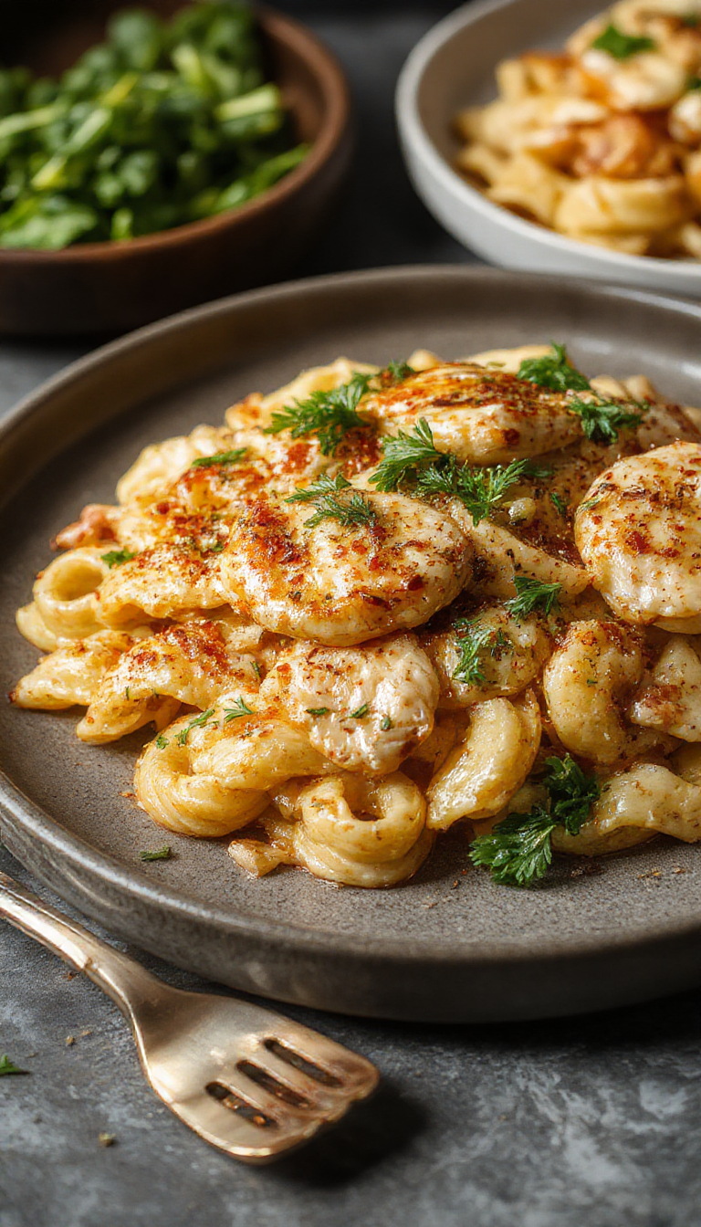 A vibrant plate of honey pepper chicken pasta garnished with fresh herbs, showcasing tender chicken pieces, spiraled pasta, and a glossy honey-pepper sauce.