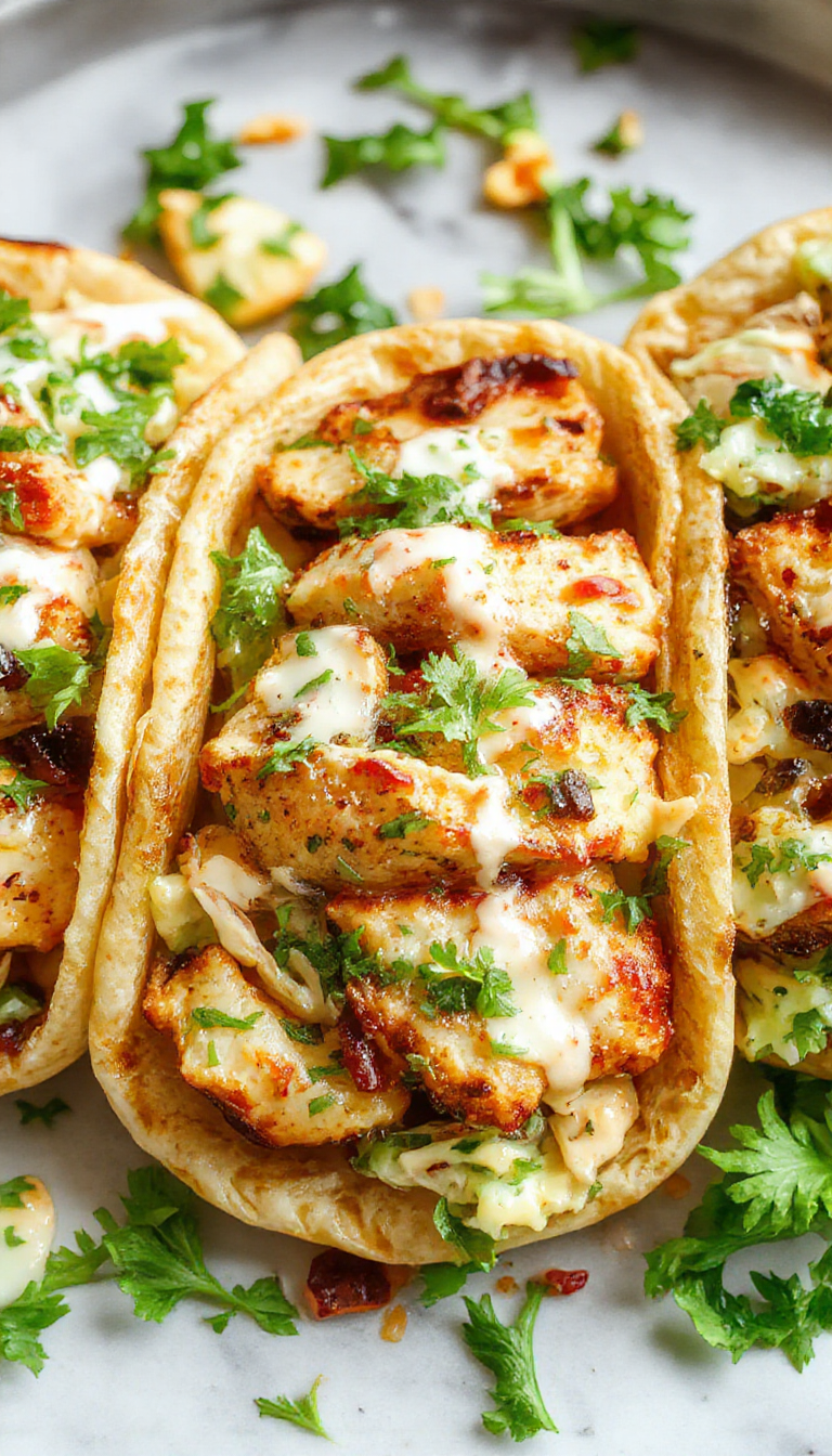 A colorful plate of Easy Sheet Pan Chicken Pitas filled with fresh herb ranch slaw, garnished with herbs and served alongside lemon wedges.